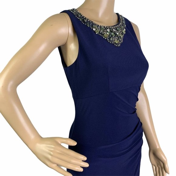 Eliza J Navy Embellished Neckline Ruched Gown - Picture 4 of 12